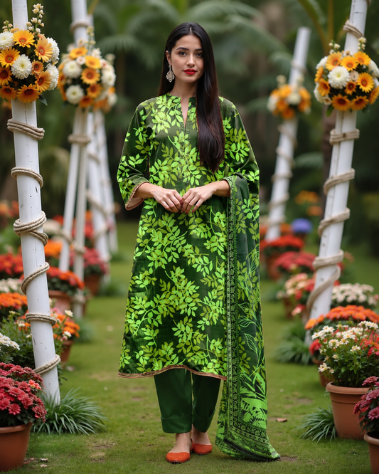 Emerald Leaf Print Lawn Suit