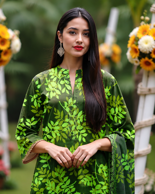 Emerald Leaf Print Lawn Suit